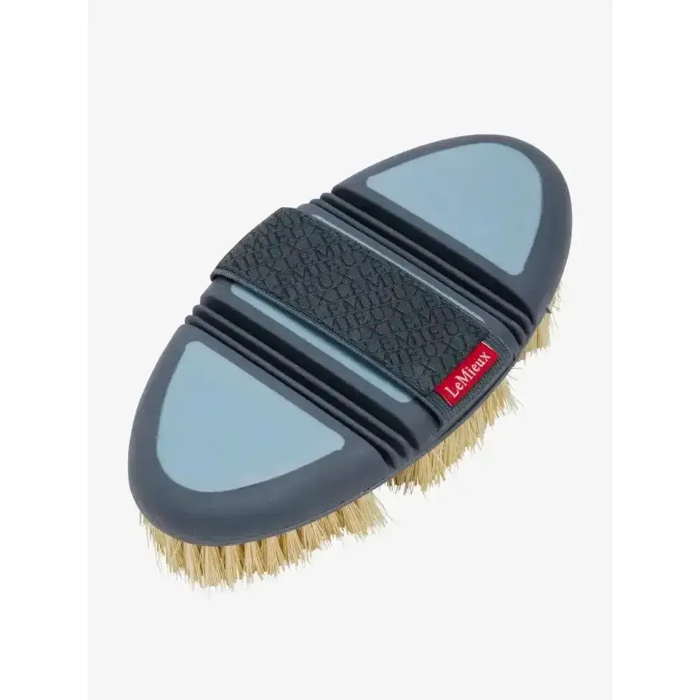 Lemieux flexi scrubbing brush petrol with dark gray and light blue plastic body natural coarser bristles and textured grip strap