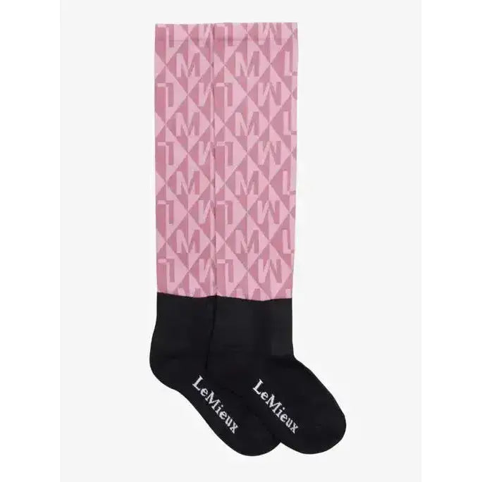 Pink and black lemieux footsie socks clea dusk with repeating monogram pattern and lemieux embroidered on foot