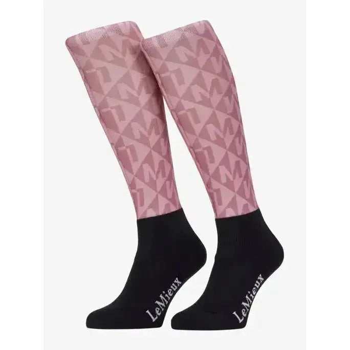 Pink and black lemieux footsie socks clea dusk with geometric m pattern and white le mieux logo on foot section