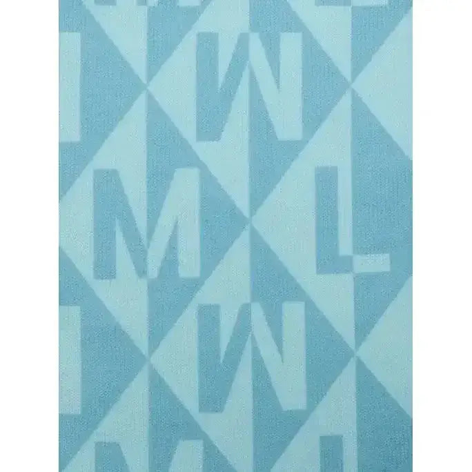 Light blue lemieux footsie socks with geometric diamond pattern and bold stylized letters in socks clea lagoon color