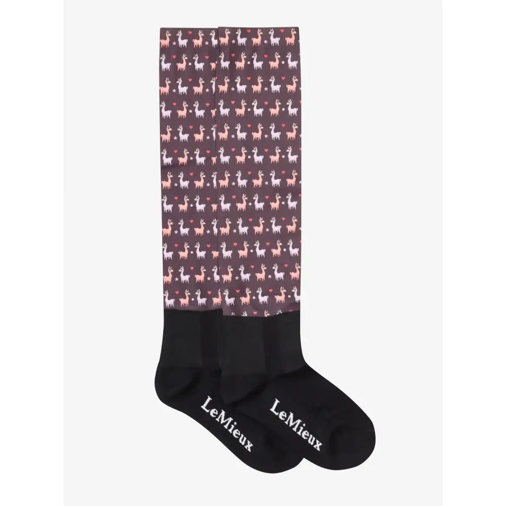 Black lemieux footsie socks llamas damson with white and pink llama pattern and hearts on dark brown background