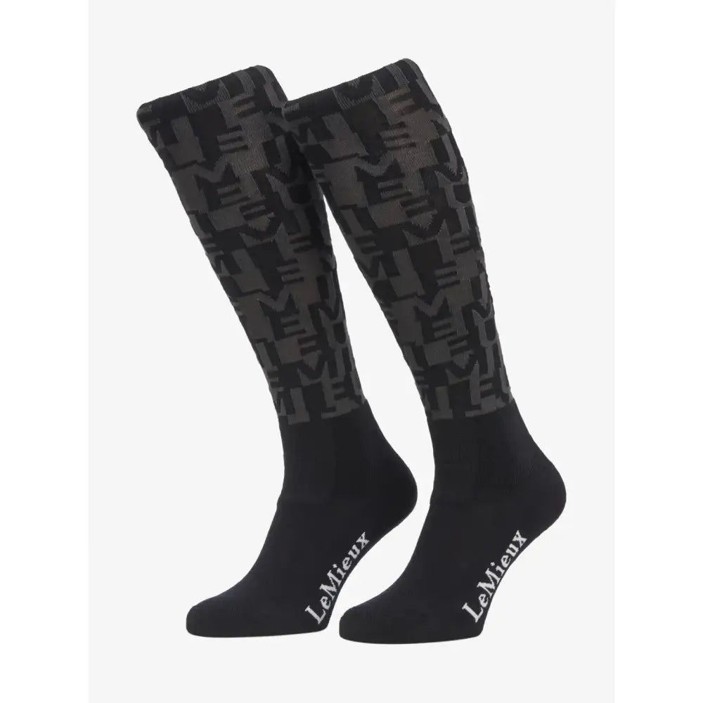 Black lemieux footsie socks logo aop featuring dark gray logo pattern and white embroidered brand name on the foot