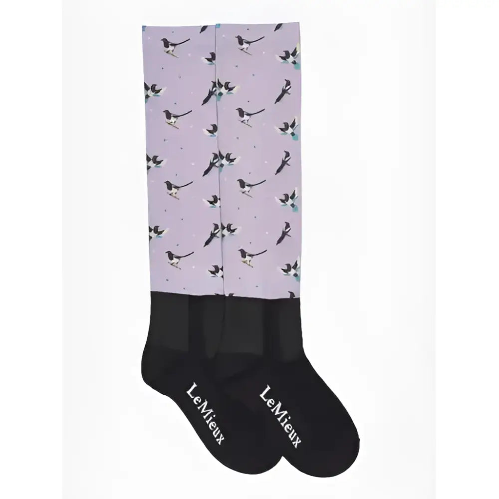 Lavender lemieux footsie socks lucky magpie with playful black white magpie pattern and black cuffs and toe caps
