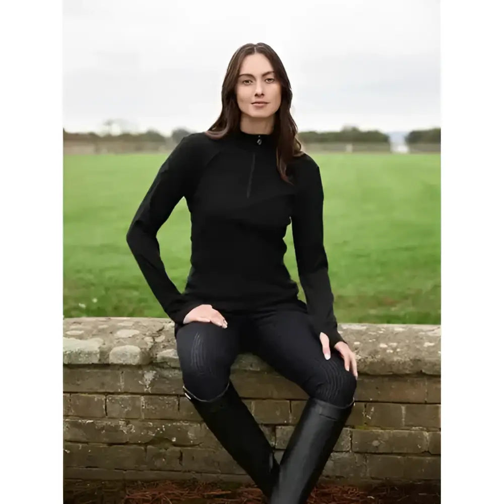 Black lemieux frances quarter zip fleece top with half-zip neckline and textured leggings in zip fleece black material