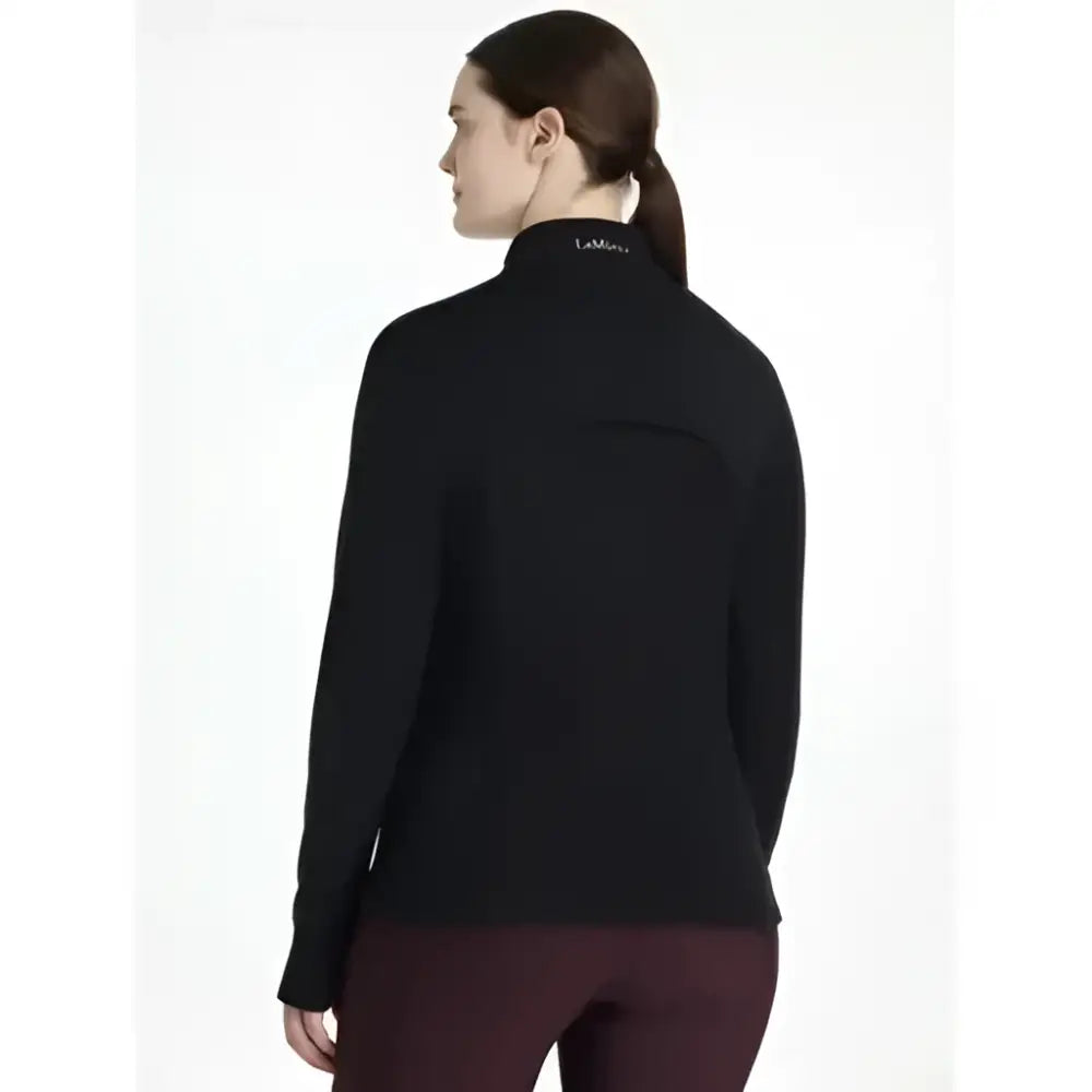 Black lemieux frances quarter zip fleece riding jacket with high collar and subtle brand logo at neckline