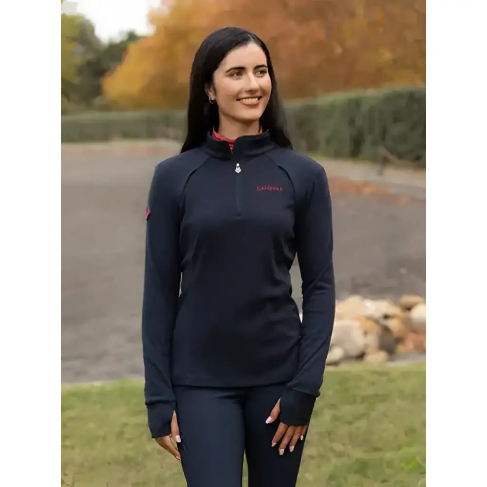 Black lemieux frances quarter zip fleece navy with long sleeves pink branding and silver zipper pull