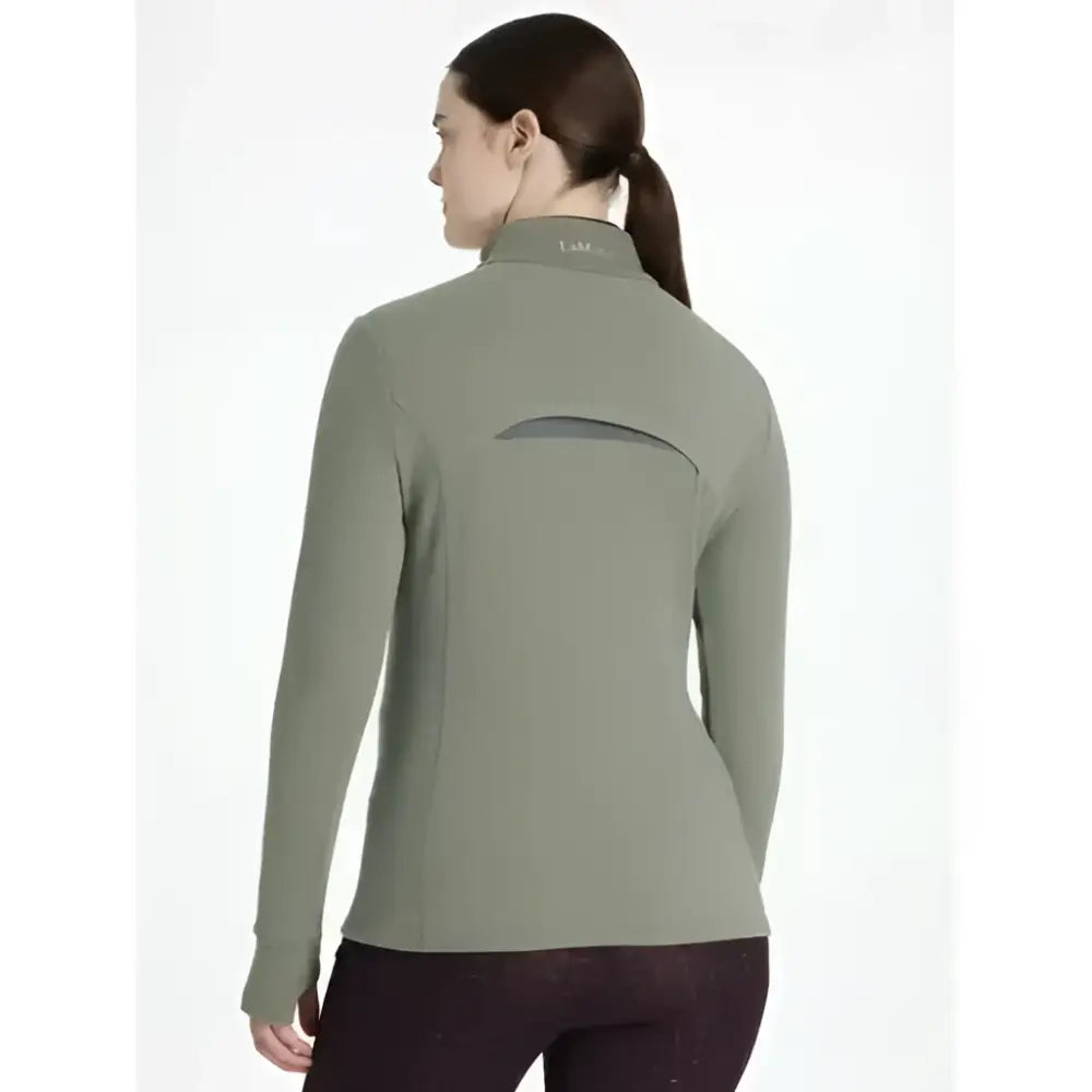 Olive green lemieux frances quarter zip fleece rosemary jacket with long sleeves high collar and back cutout view