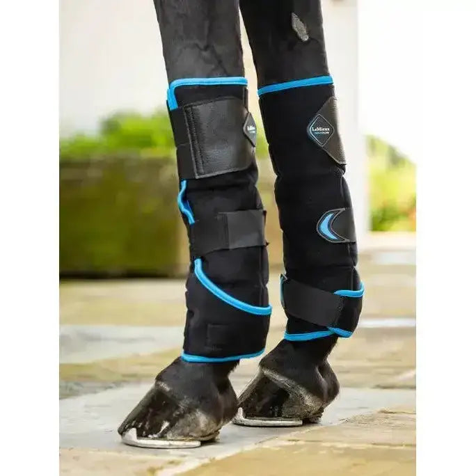 Black and blue lemieux freeze flow ice boot front with adjustable straps designed as gel ice boots for equestrian use