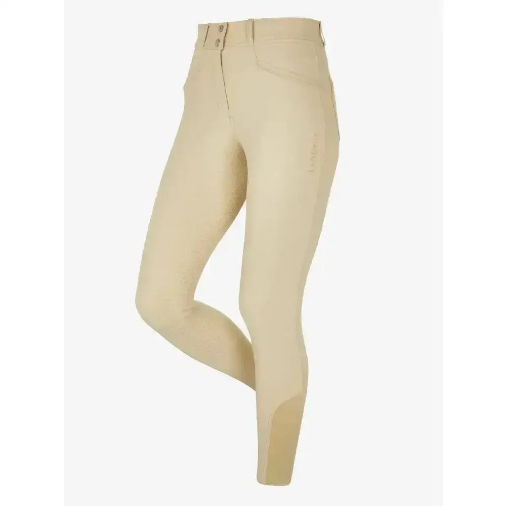Beige lemieux freya pro breeches with high waist button closure and sleek form fitting design for riding comfort