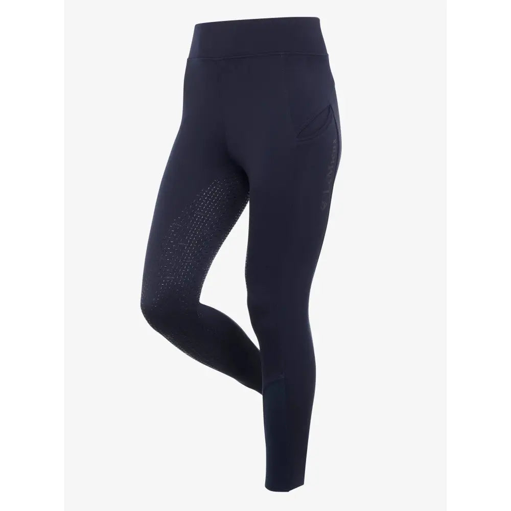 Navy high-waisted equestrian leggings with grip brushed pull texture and lightweight four-way stretch for winter days
