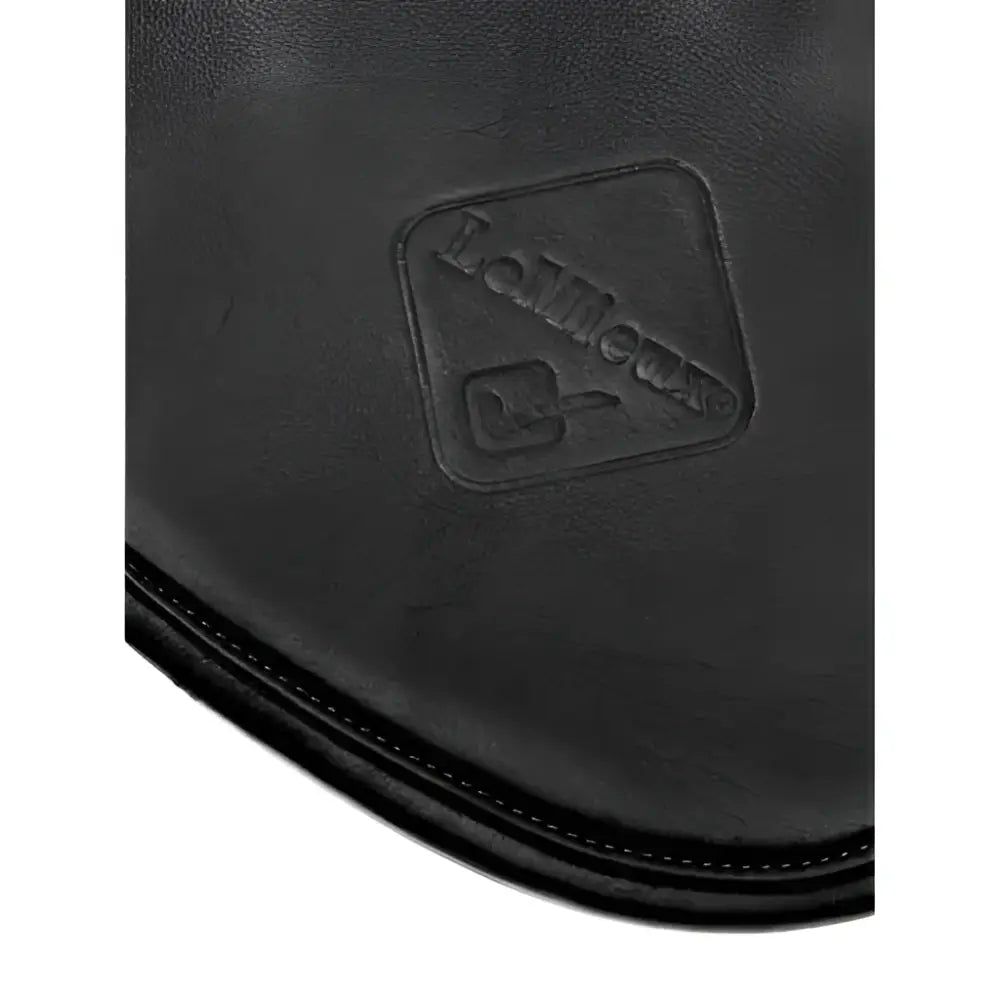 Black leather saddle pad with embossed lambskin logo and stitched edge for lemieux gel-tek anatomic long girth