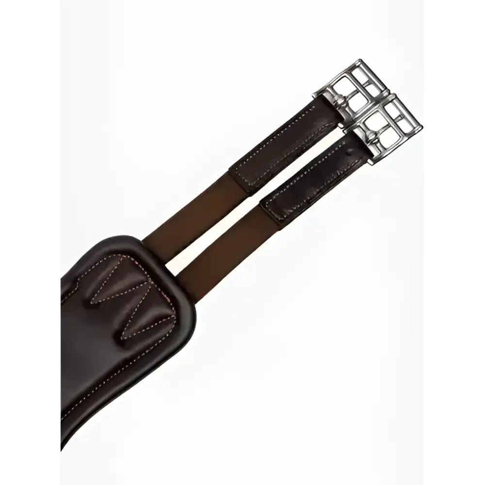 Brown leather saddle pad with silver buckle and stitching paired with lemieux gel-tek anatomic long stud girth brown