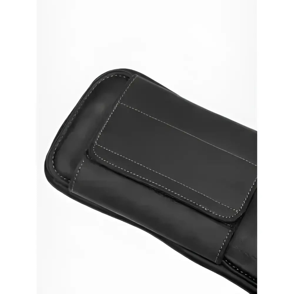 Black leather wallet with white stitching and flap closure shown with lemieux gel-tek anatomic short stud girth