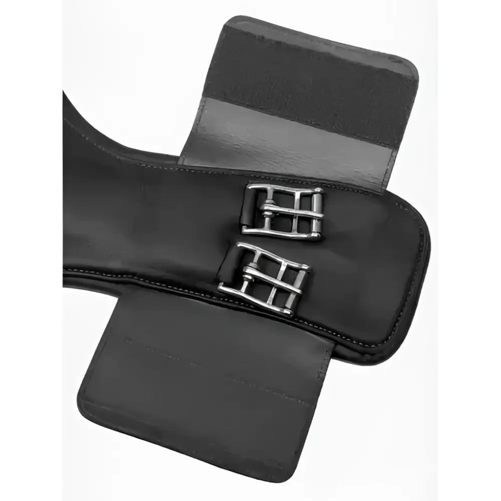 Black leather horse saddle pad with silver buckles paired with lemieux gel-tek anatomic short stud high performance girth