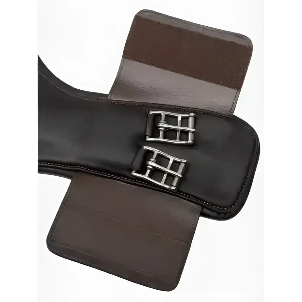 Black leather horse saddle pad with silver metal buckles and brown fabric strap paired with lemieux gel-tek anatomic girth