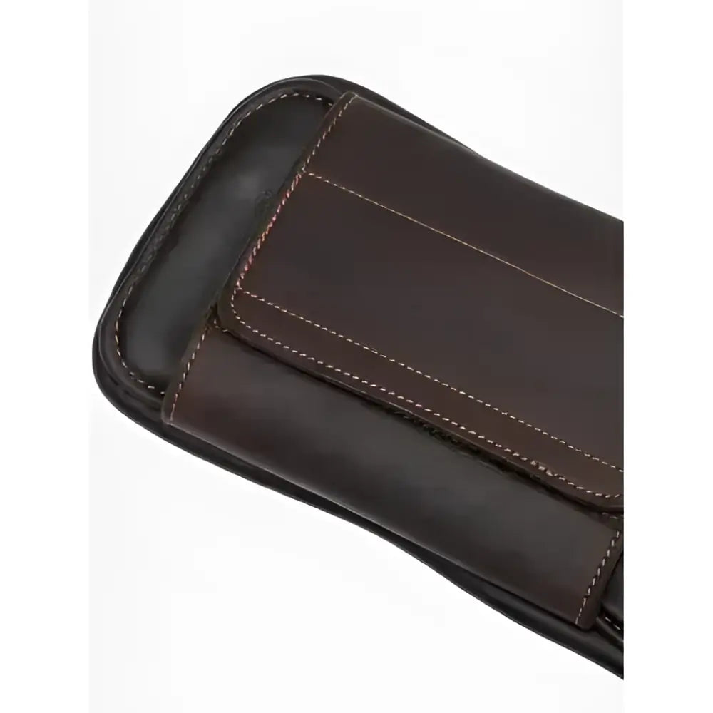 Dark brown leather phone case with stitched flap and transparent back panel shown with lemieux gel-tek anatomic girth