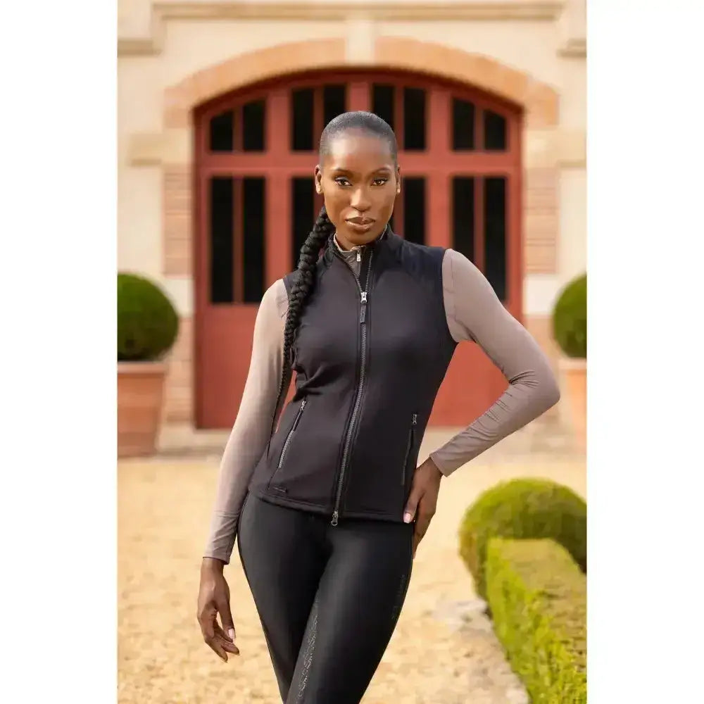 Black lemieux giselle gilet zip-up vest with subtle side pockets made from bonded sweat fabric for time teaching dressage
