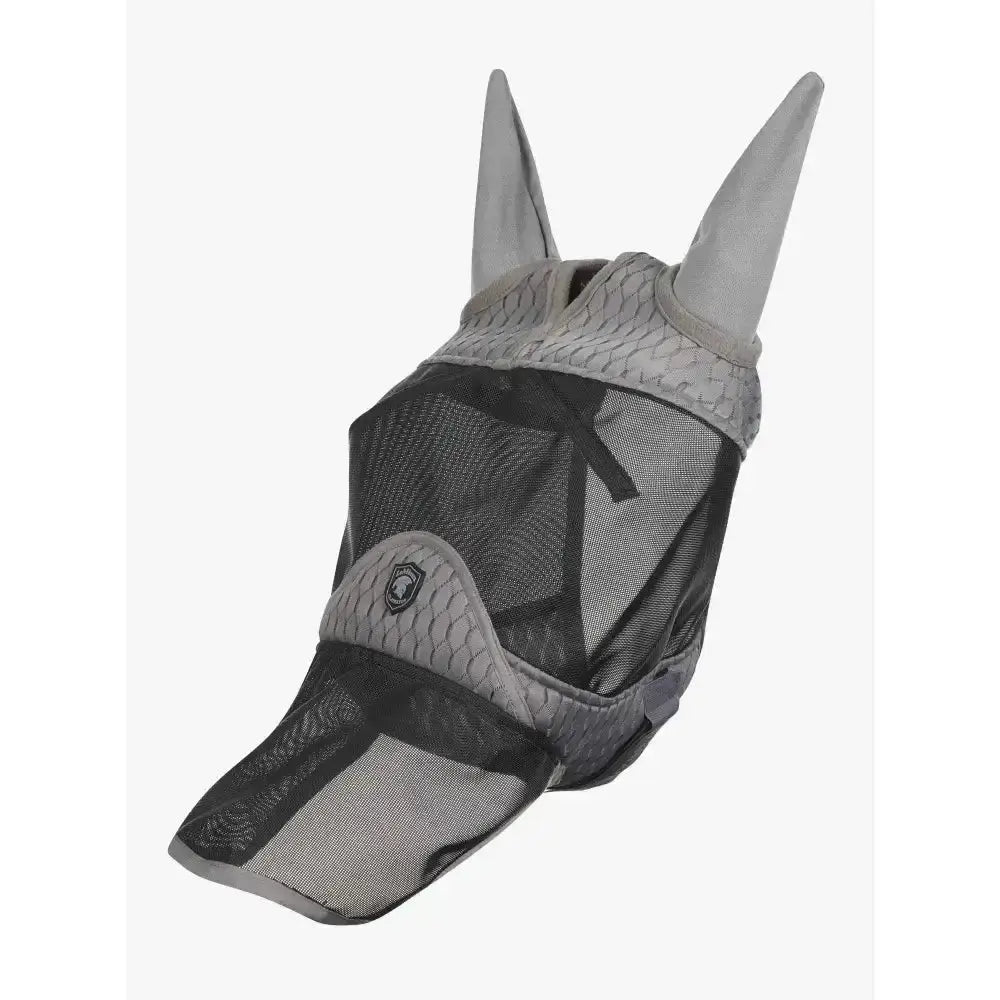 Gray mesh lemieux gladiator fly mask with padded textured ear covers and black mesh face for fly protection