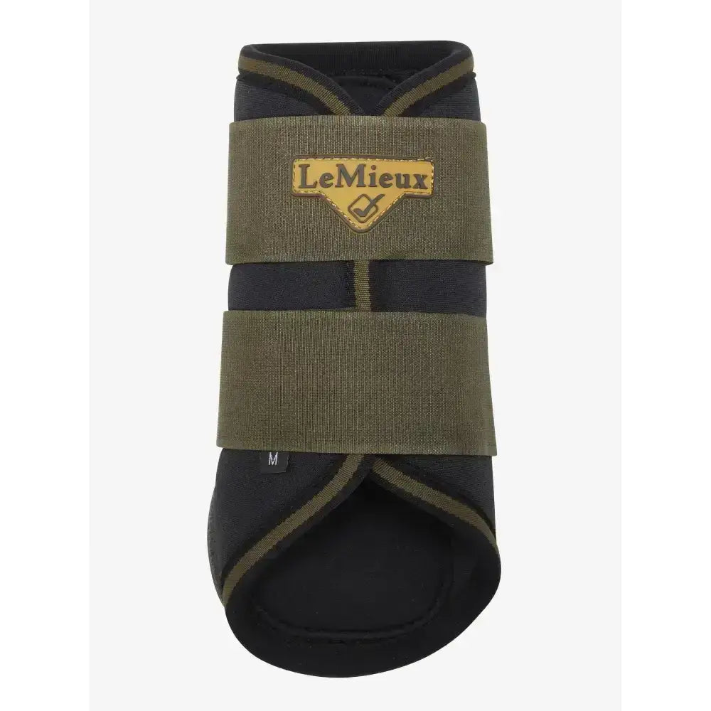 Back view of olive green and black lemieux grafter boots alpine with reinforced straps for highly durable brushing boots