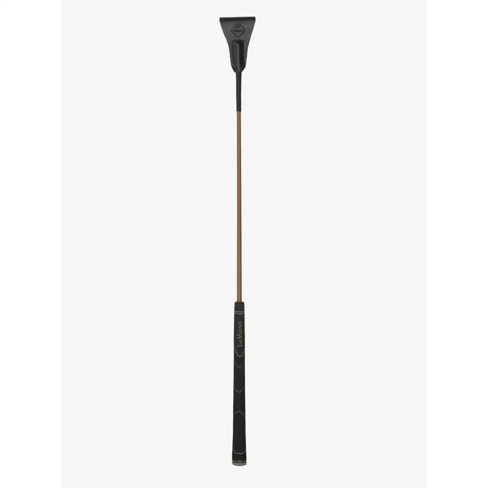 Black leather grip-tek jumping whip with brass shaft and embossed lemieux grip-tek handle for comfortable jumping