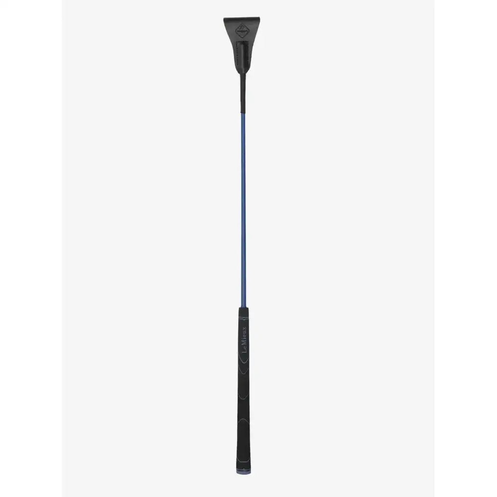 Black leather lemieux grip-tek jumping whip navy with blue metallic shaft and embossed branding on handle