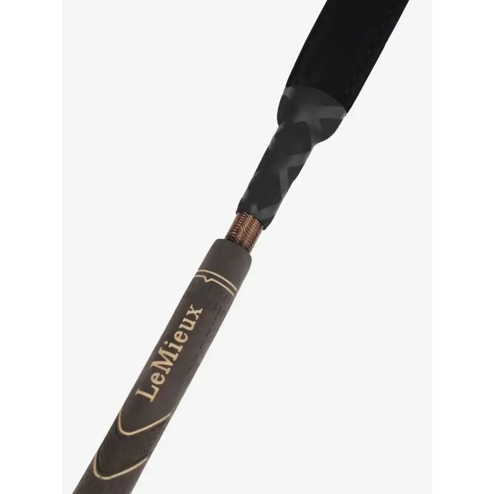 Lemieux grip-tek junior riding crop with black grip dark gray handle and gold branding junior baton carbon model