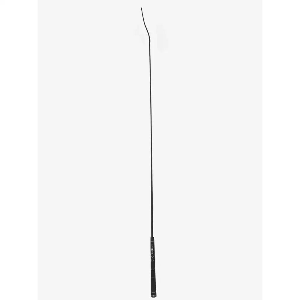 Black lemieux grip-tek schooling whip with slender curved handle and textured grip is a style essential tool