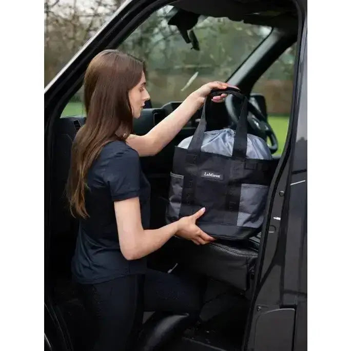 Black and gray lemieux grooming tote black drawstring bag with reinforced fabric handles easy access grab-and-go bag