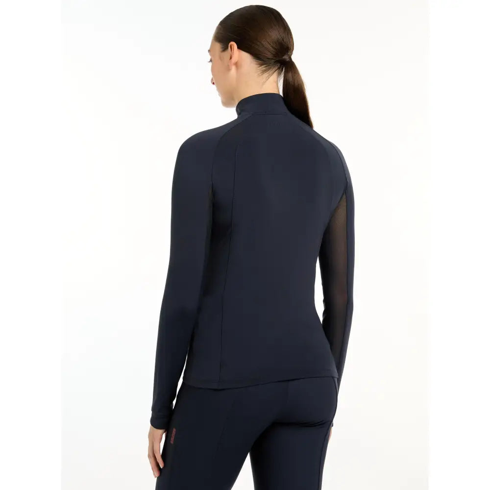 Navy blue lemieux halle lightweight base layer with sheer mesh side panels long sleeve athletic jacket