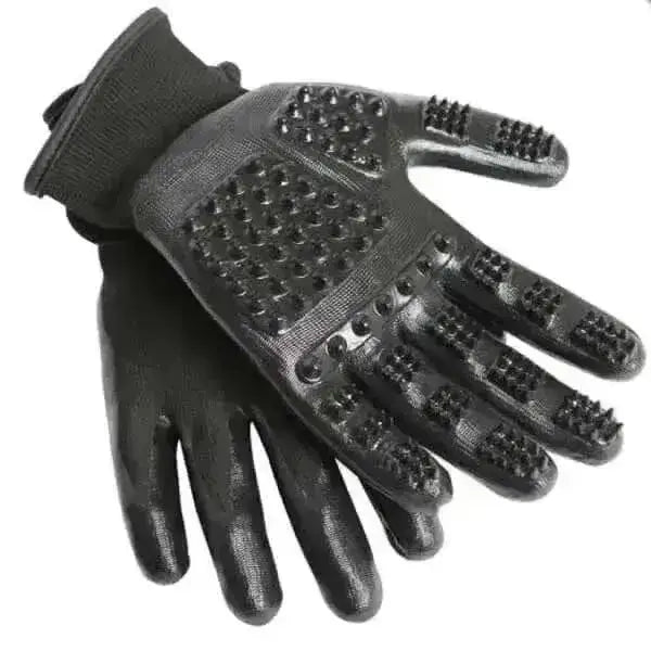 Black LeMieux hands on shedding grooming gloves with textured bristles for effective fur removal like traditional curry combs