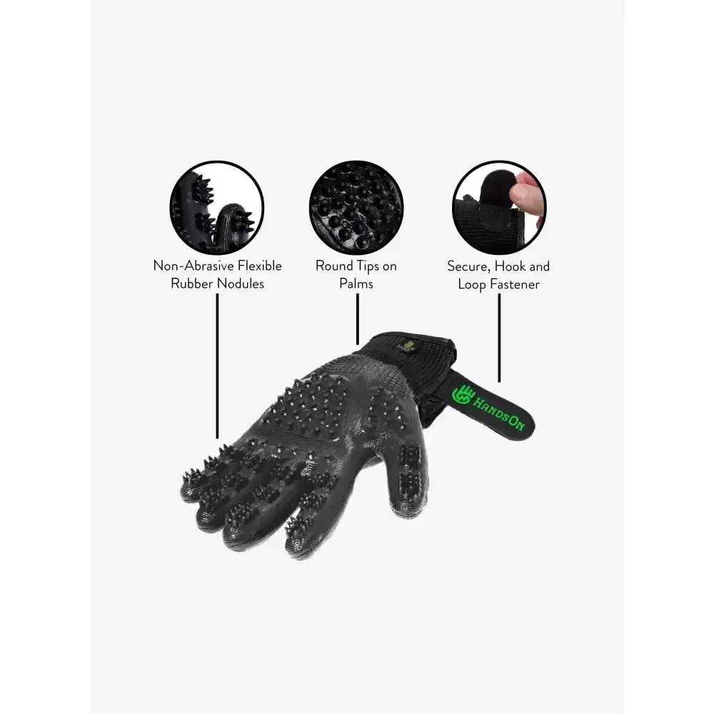 Black rubber LeMieux hands on de shedding grooming gloves with flexible non abrasive nodules for pet grooming use