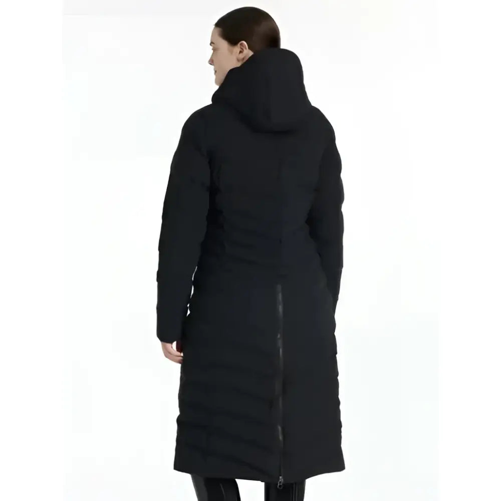 Black lemieux hayley water resistant longline puffer coat with hood front zipper perfect for cold wet weather