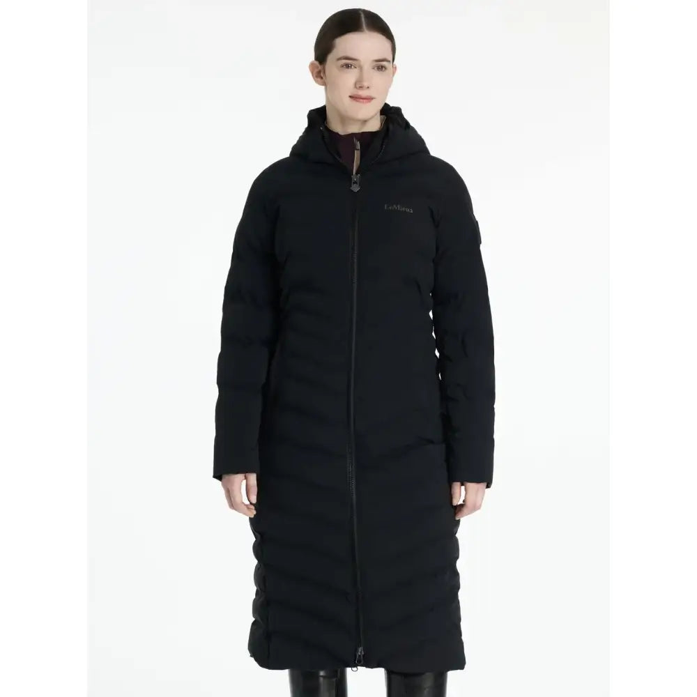 Black lemieux hayley water resistant longline puffer coat with quilted hood and front zipper for cold weather