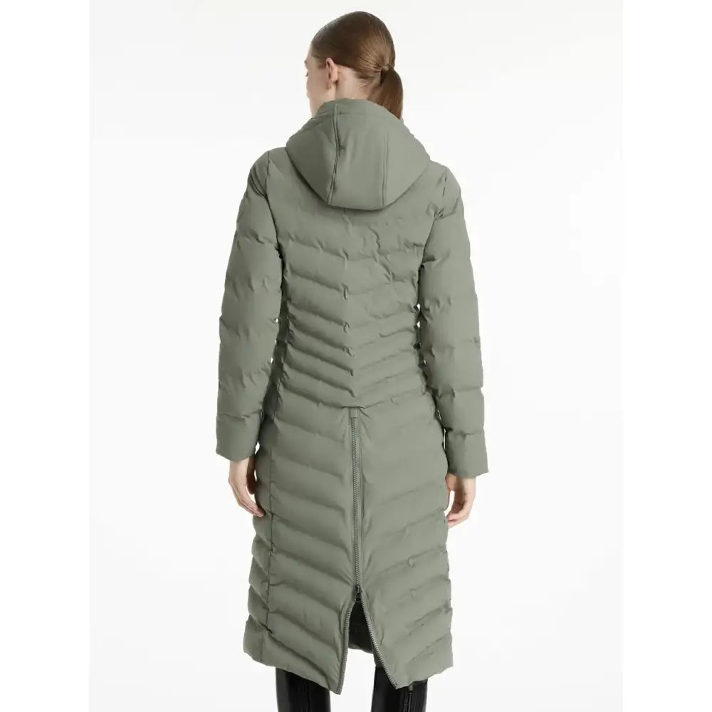 Olive green lemieux hayley water resistant longline puffer coat with quilted hood and central zipper detail