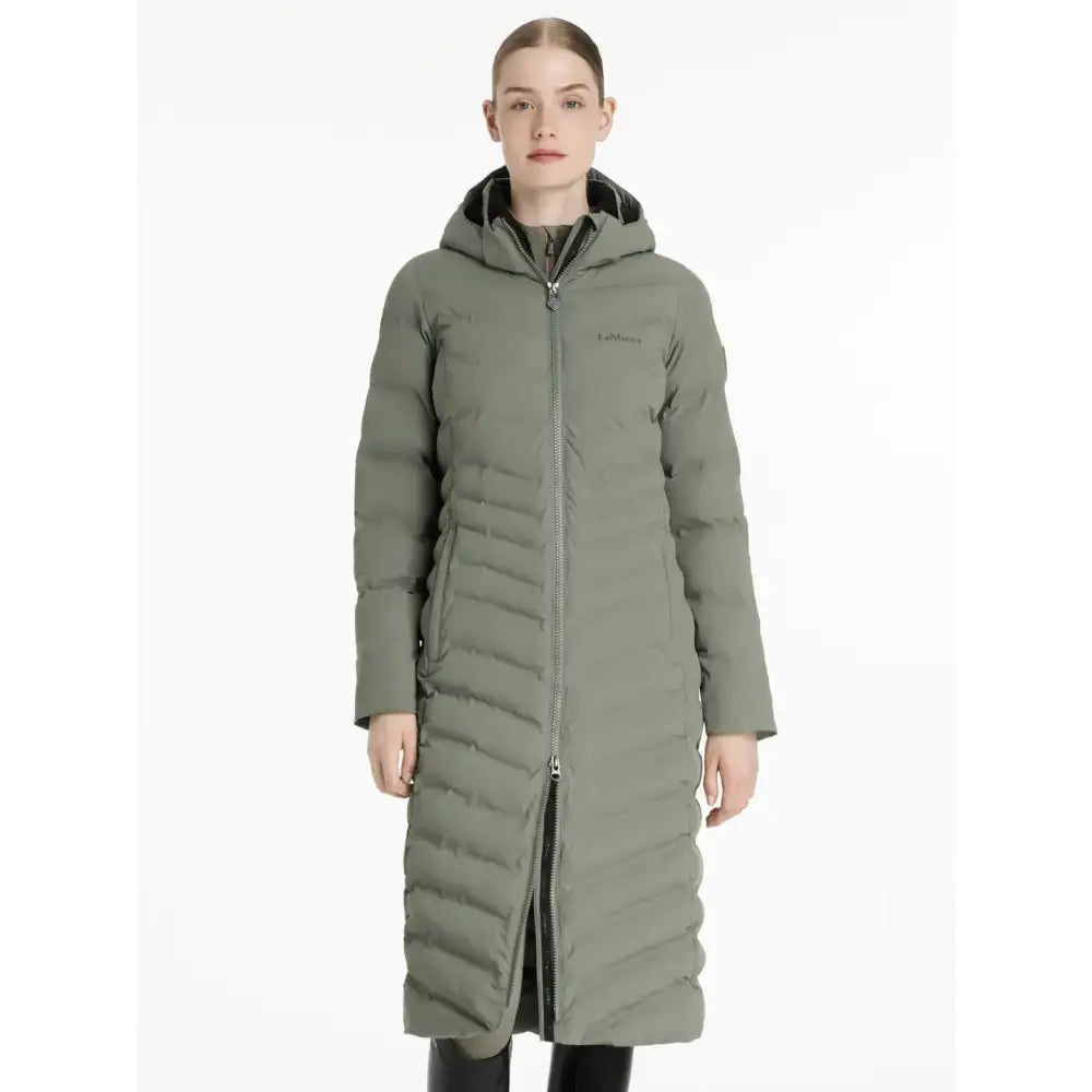 Olive green lemieux hayley water resistant longline puffer coat with quilted design hood zipper and side pockets