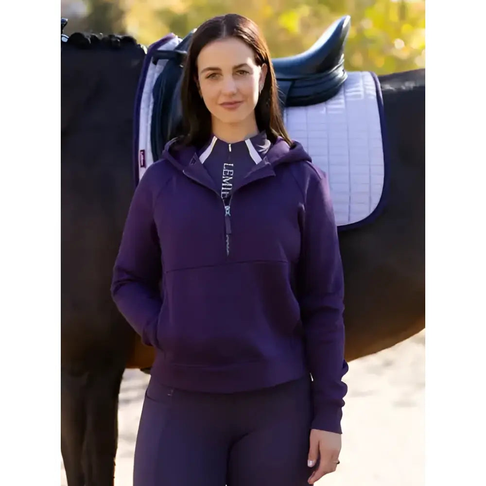 Purple lemieux henrietta half zip hoodie juniper with hood and subtle chest branding perfect for casual wear