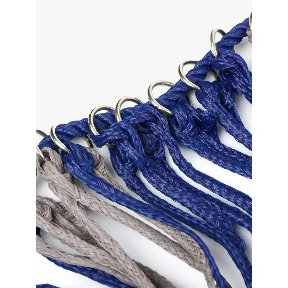 Blue and gray braided rope straps with metal rings on lemieux hippo hay nets perfect for greedy feeders