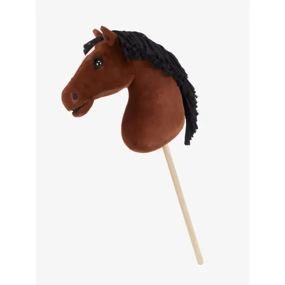Brown plush lemieux hobby horse chancer chancer with black fringed mane on wooden stick for pretend play
