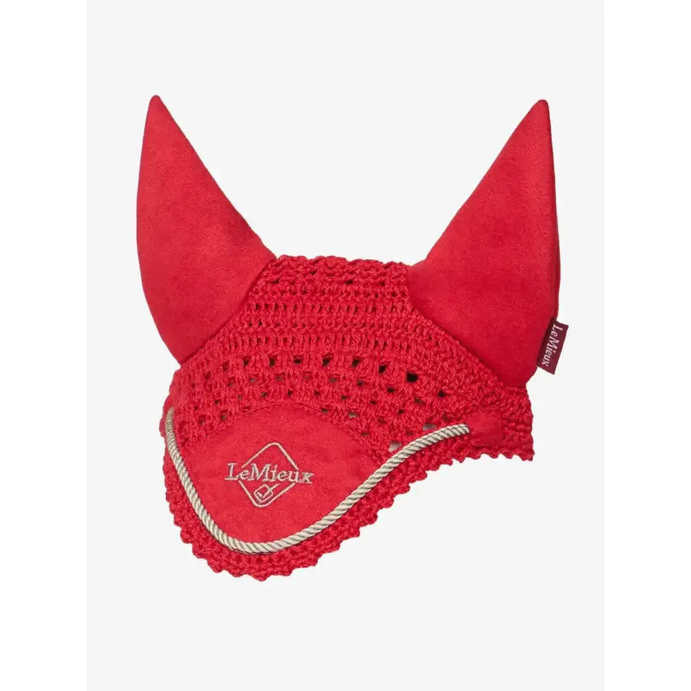 Red suede and crochet lemieux hobby horse fly hood chilli with white diamond lemieux logo embroidery