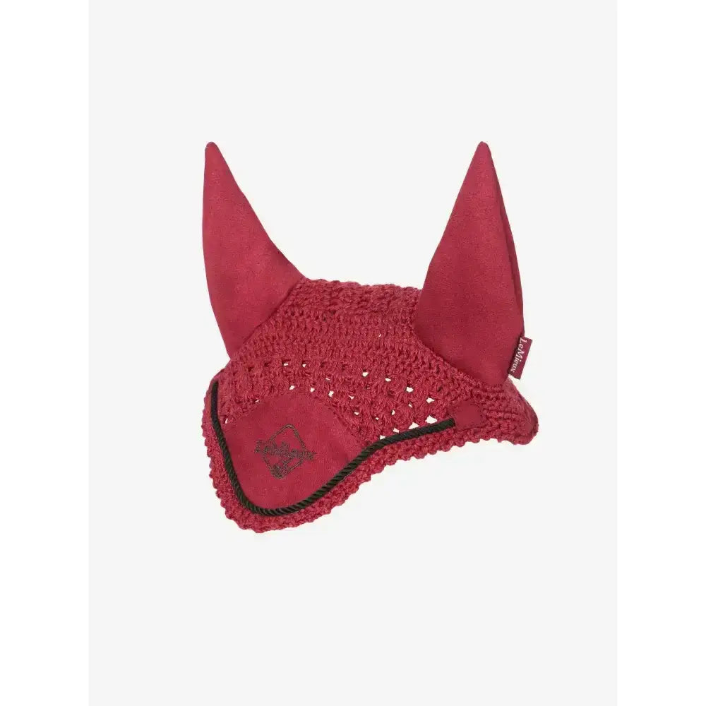 Red suede and crochet lemieux hobby horse fly hood ember with pointed ears for horse ear protection