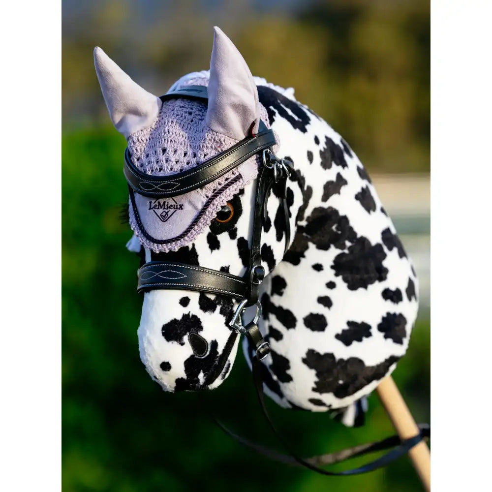 Lavender crocheted lemieux hobby horse fly hood lilac with lace trim designed for dapple grey stick horse