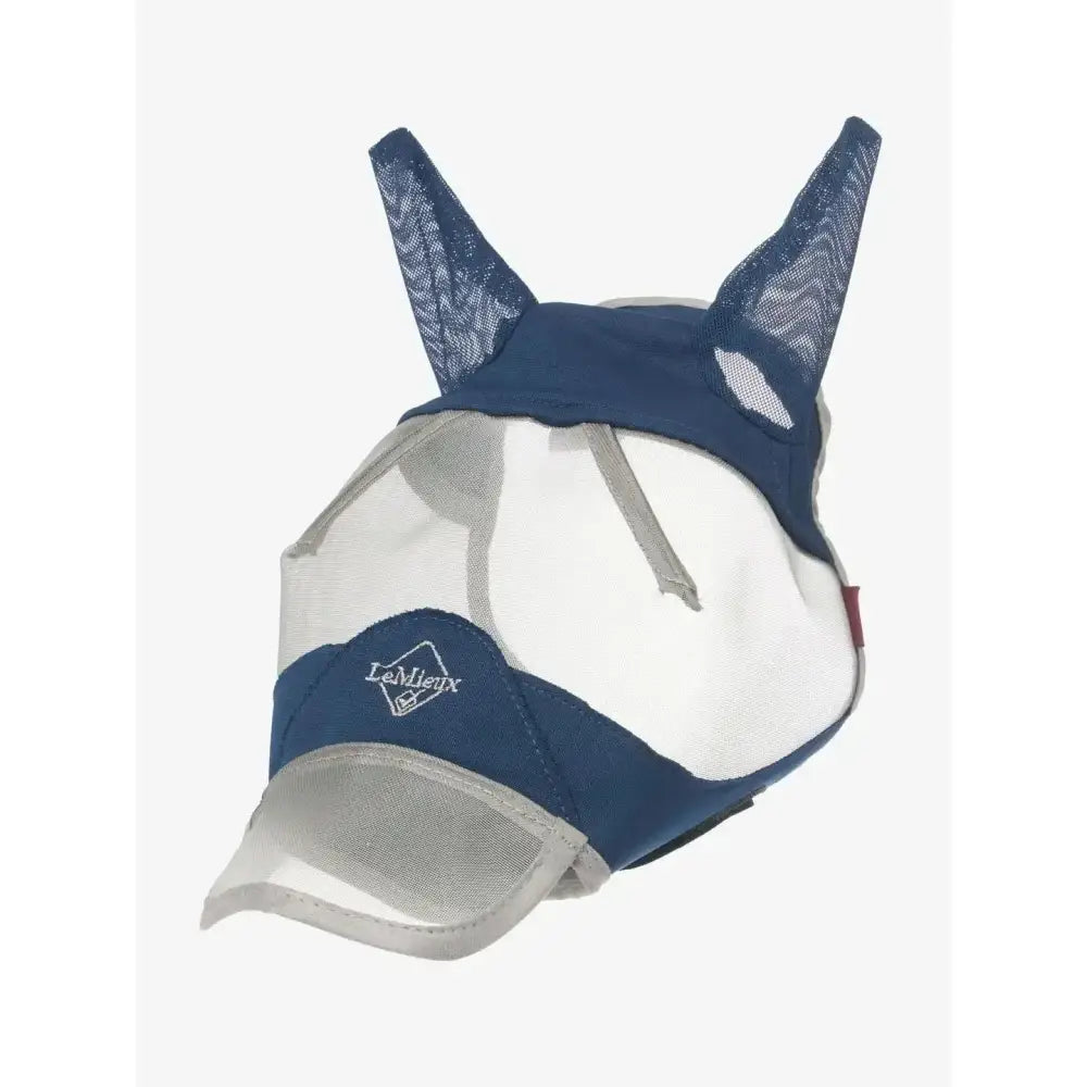 Navy blue and white mesh lemieux hobby horse fly mask with ear flaps for fly protection on horses