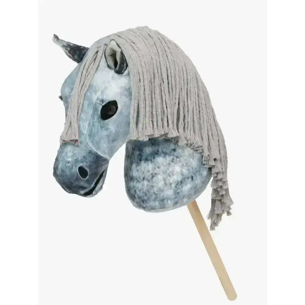 Gray dapple patterned lemieux hobby horse head with plaitable yarn mane and wooden stick handle with loop mouth
