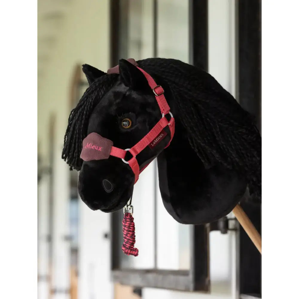 Black plush lemieux hobby horse spike with pink harness and lambs & ivy embroidery for mini riders