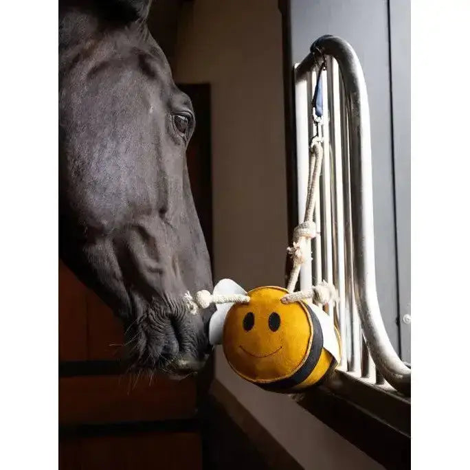 Yellow and black plush lemieux horse toy adorable buzzy bee with white wings hanging from rope for horse play