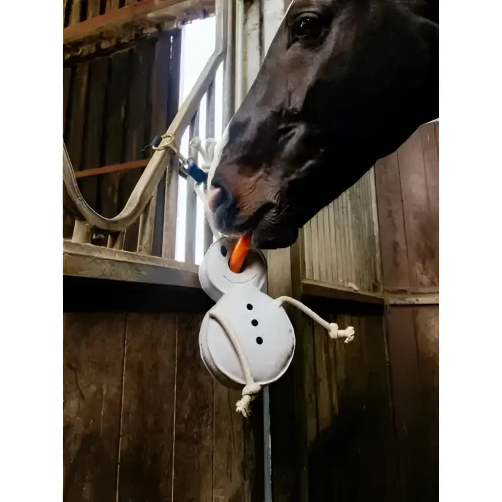 Lemieux horse toy snowman made of durable plastic with black dot eyes, carrot nose, and rope arms in white color