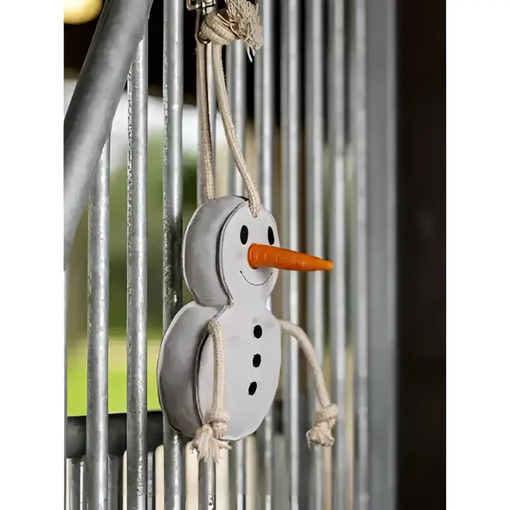 White lemieux horse toy snowman ornament with orange carrot nose and black button eyes made of painted wood or resin