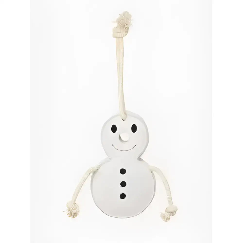 White wooden lemieux horse toy snowman with black eyes smiling face and three black buttons down its front