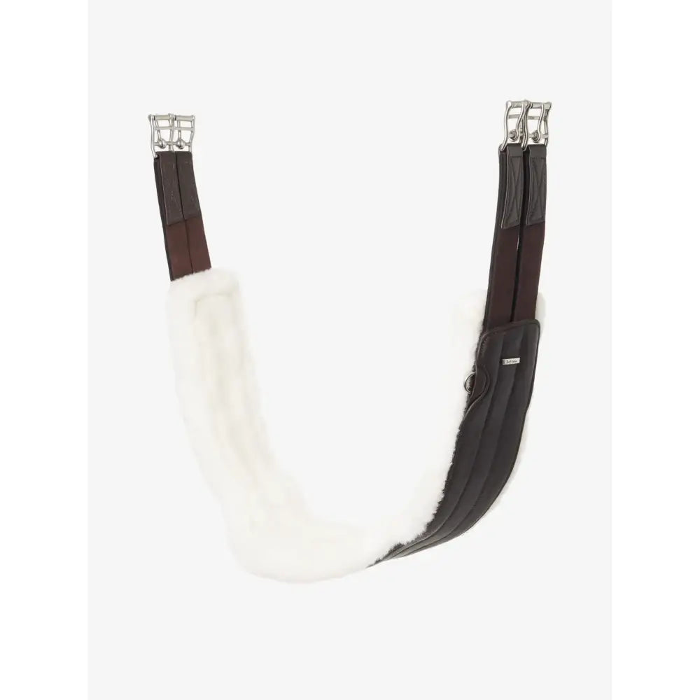 Black leather lemieux hunter girth with detachable merino+ liner white faux fur and silver buckles for hunter class use