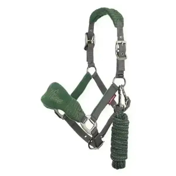 Dark green padded lemieux hunter green fleece headcollar with silver hardware and matching braided lead rope